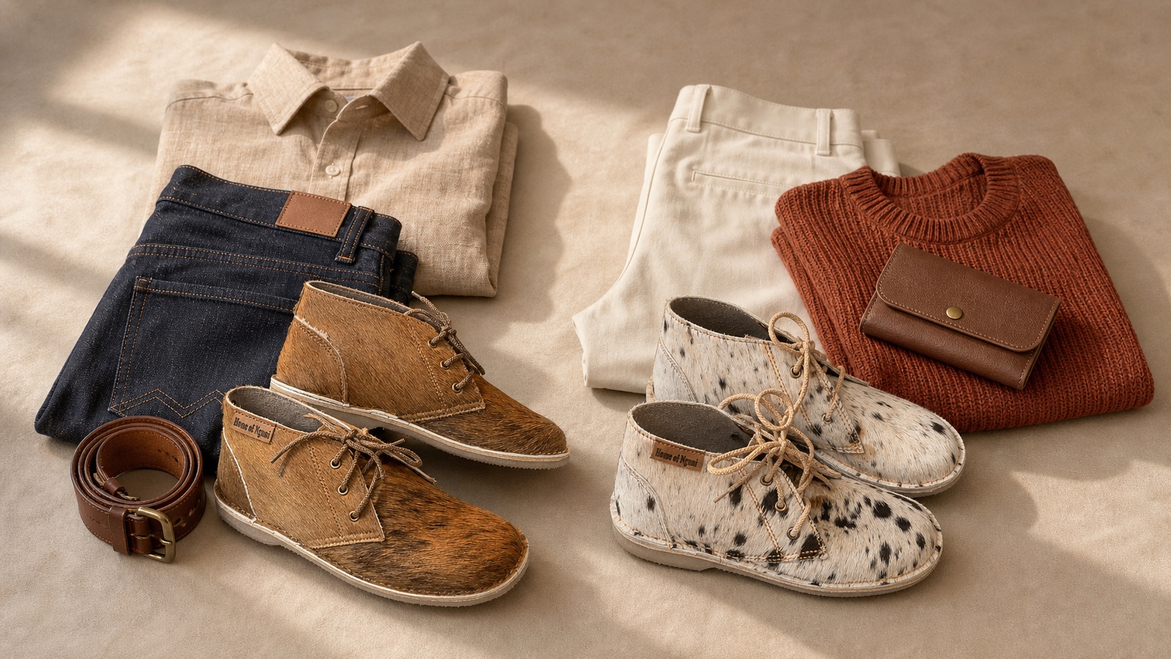 Men’s dark Nguni vellies and women’s light spotted Nguni vellies styled with smart-casual outfits