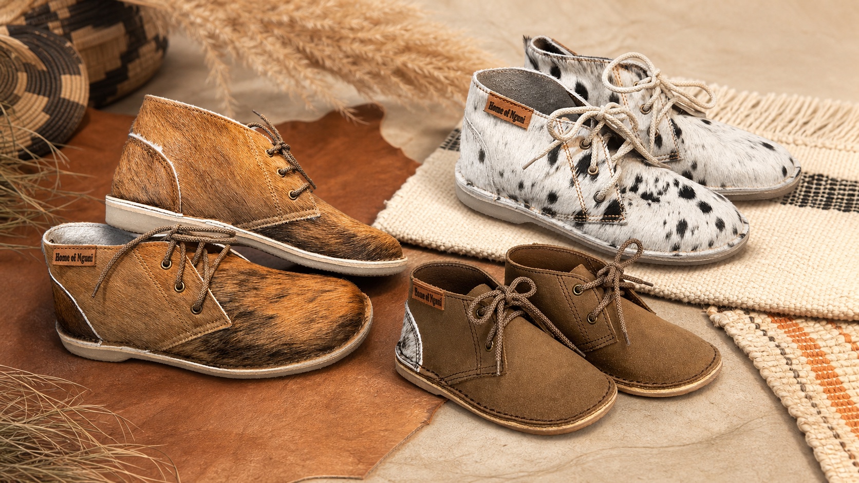 Home of Nguni men’s, women’s and children’s vellies arranged as a family footwear collection