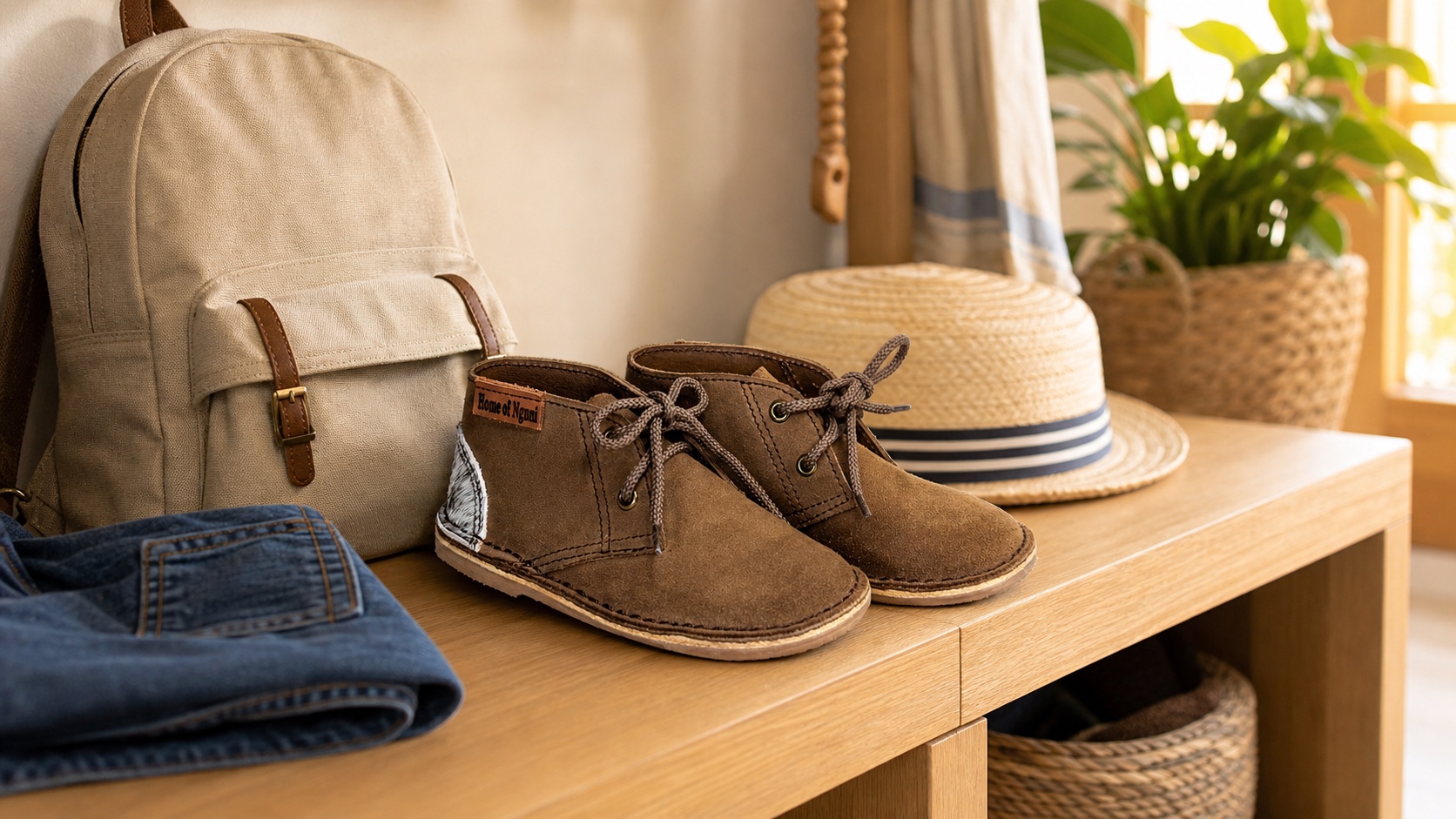 Children’s brown leather vellies with Nguni heel detail prepared for a family outing